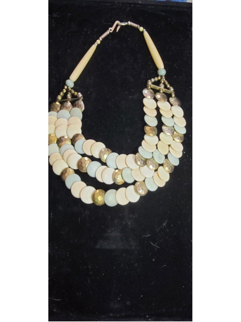 Vintage Multi Strand Statement Necklace Wood Disc Gold Tone Beads Boho Resort We